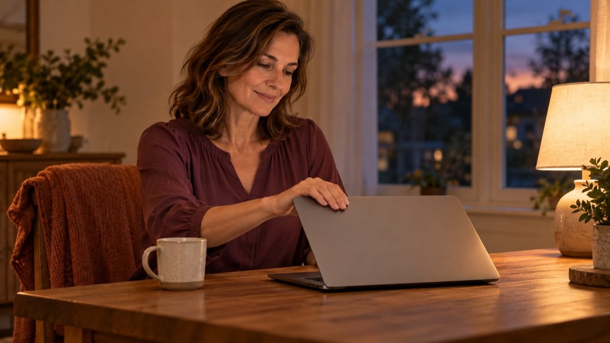 A person closing a laptop at a home desk as evening light fills the window
