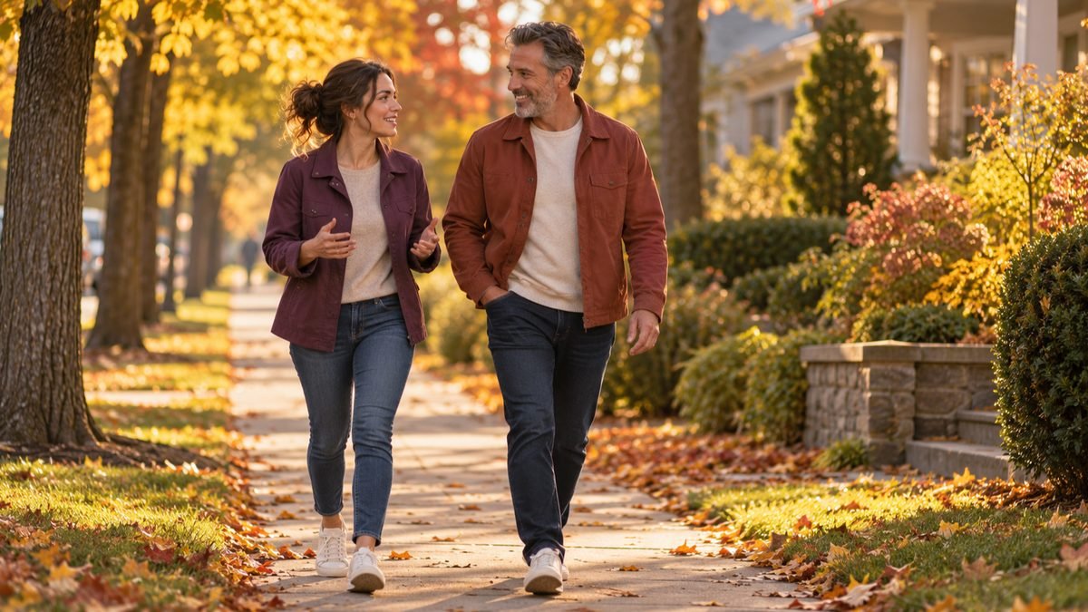 Two coworkers walking briskly along a tree-lined street in warm evening light