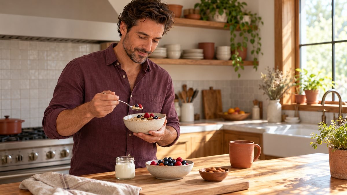 A person eating oatmeal with berries and almonds at a sunlit kitchen counter