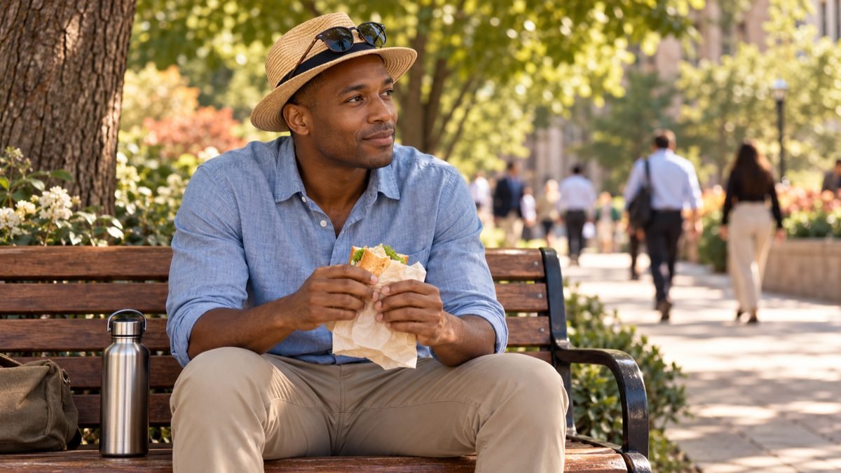A person eating lunch on a park bench in the shade of a tree