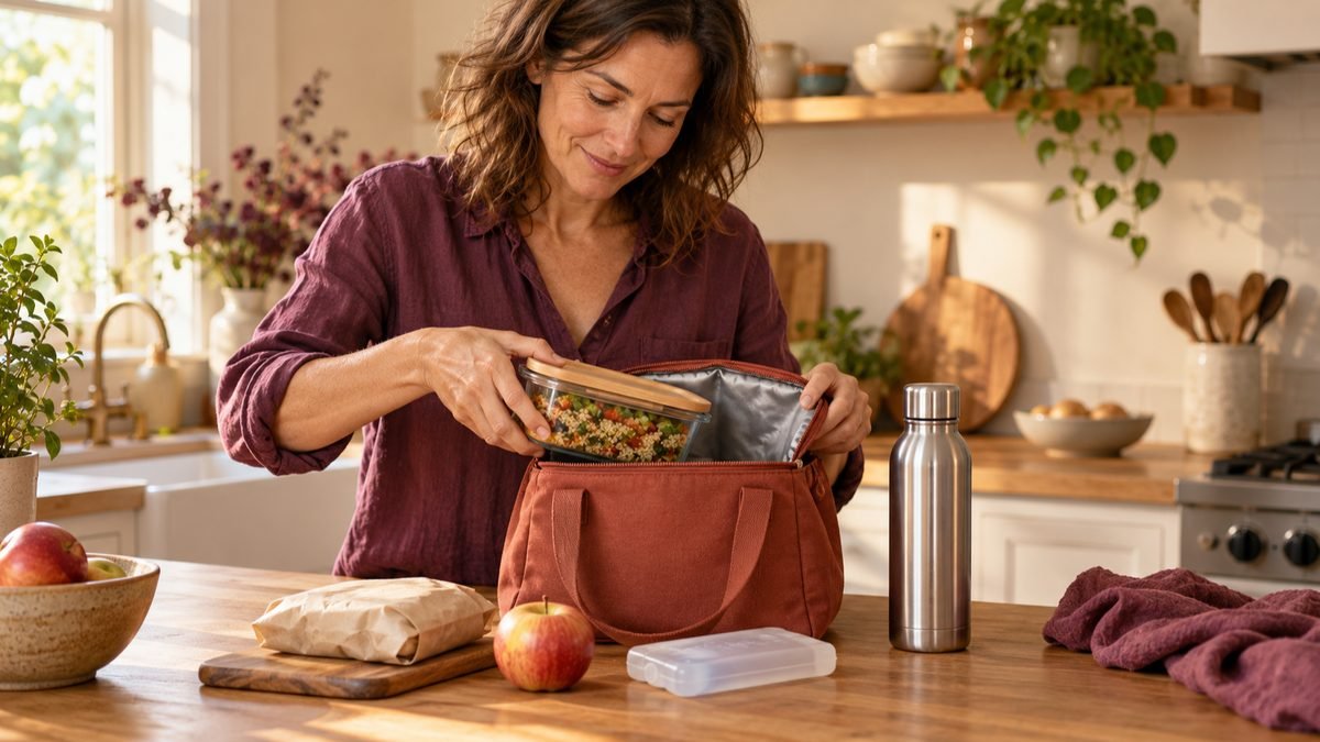 A person packing an insulated lunch bag with a salad container, a sandwich and a frozen gel pack