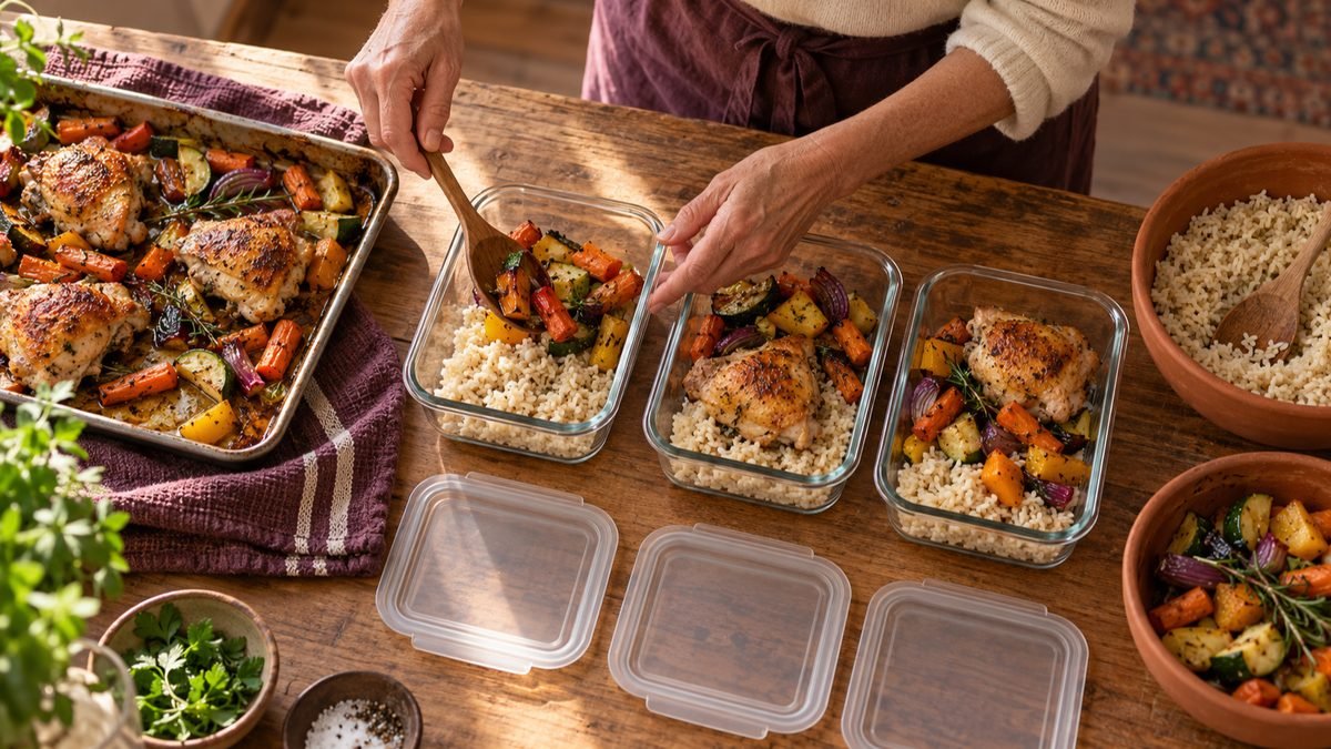 Hands portioning roasted vegetables and rice into shallow glass containers on a kitchen counter